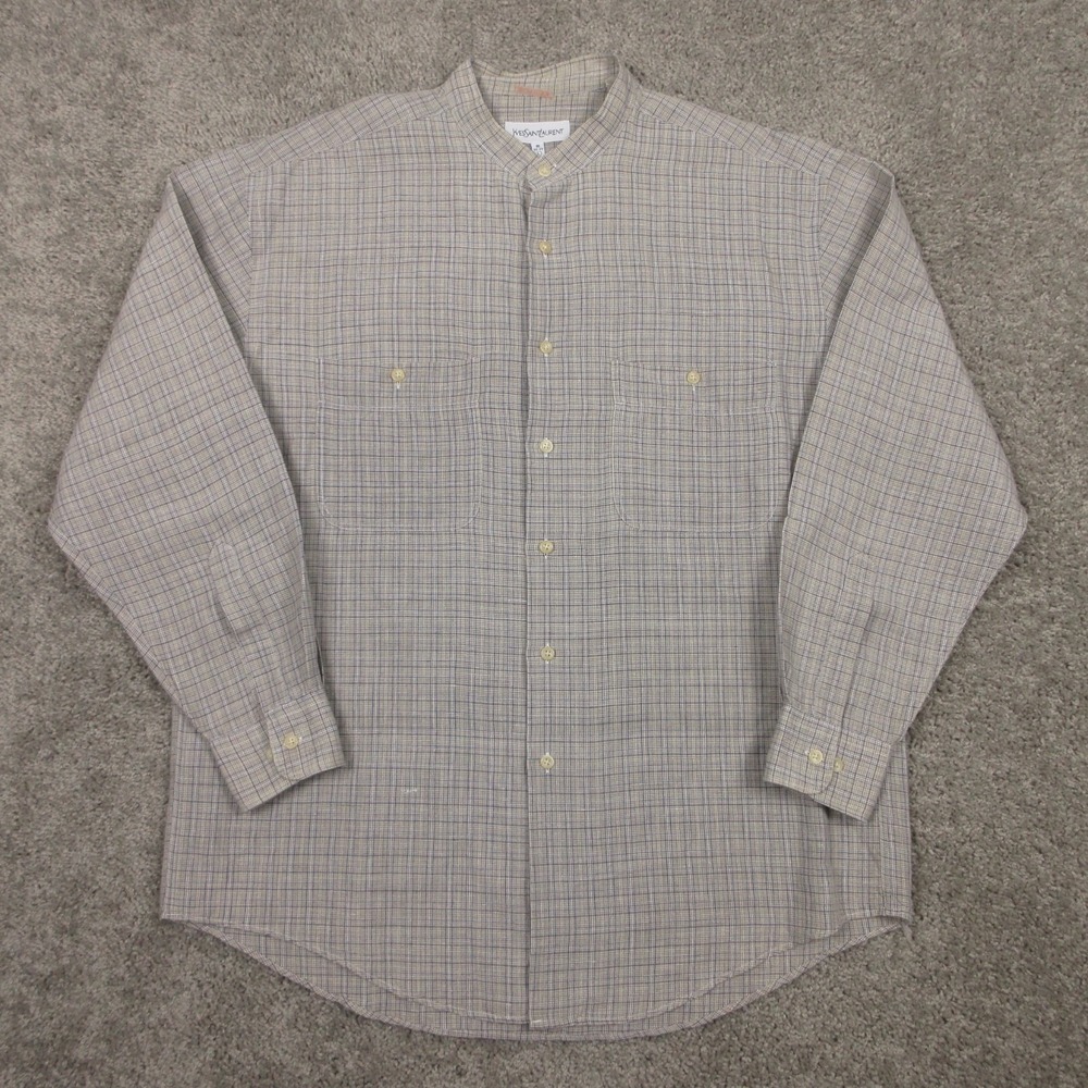 Yves Saint Laurent Shirt Mens Large Beige Plaid Band Collar Pockets Button Up - Picture 1 of 10